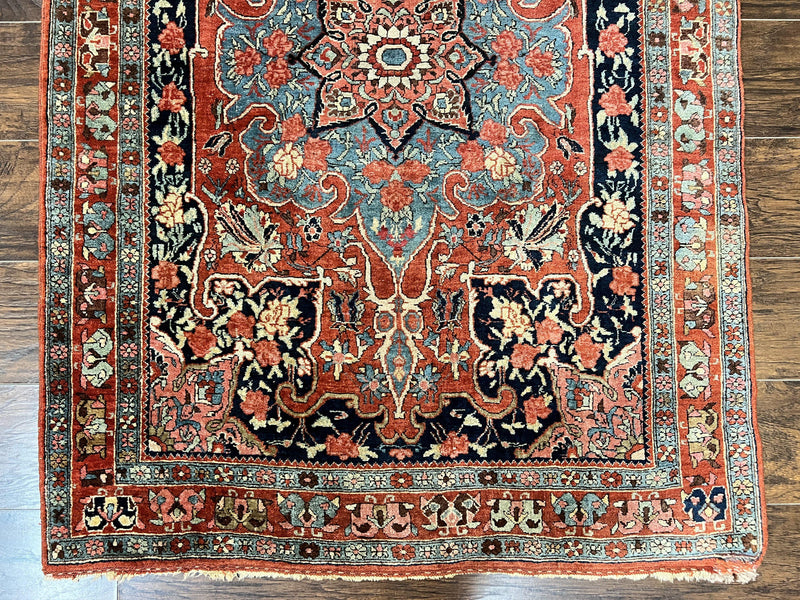Antique Persian Bidjar Rug 4x5, Red and Blue, Hand Knotted Wool Carpet