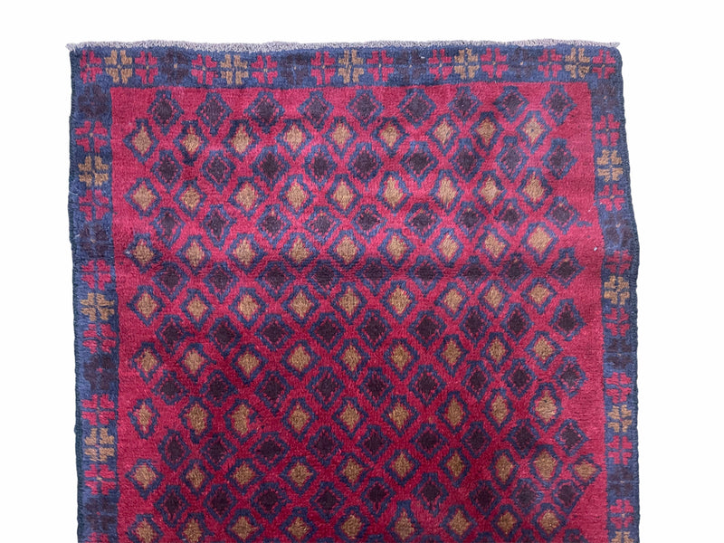 3x5 New Vintage Handmade Tribal Wool Rug Balouch Rug Afghan Rug Red Blue Diamond