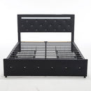 Upholstered Bed Frame With LED Lights, 4 Storage Drawers, Charging Station
