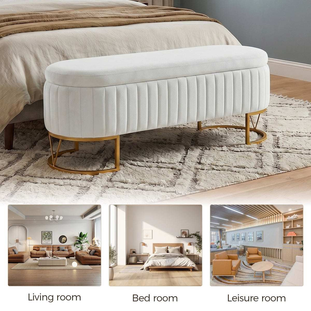Storage Bench Bedroom Bench with Golden Metal Legs, photo 9 of 10