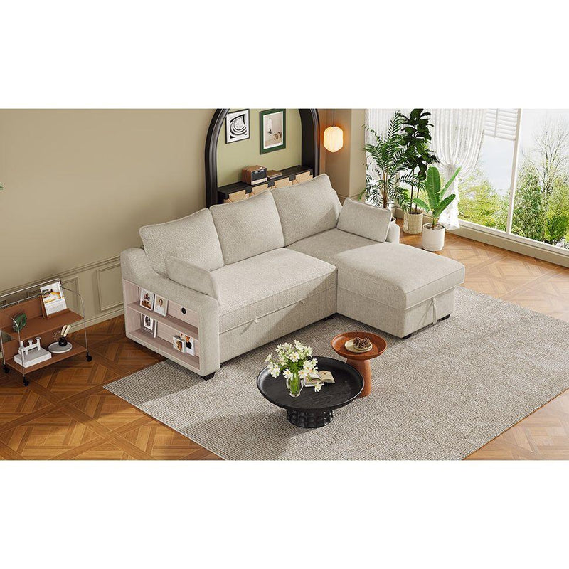 90" Pull Out Sleeper Sofa L-Shaped Couch Convertible Sofa Bed with Storage Chaise, Storage Racks and USB Ports (SG001340AA), Beige