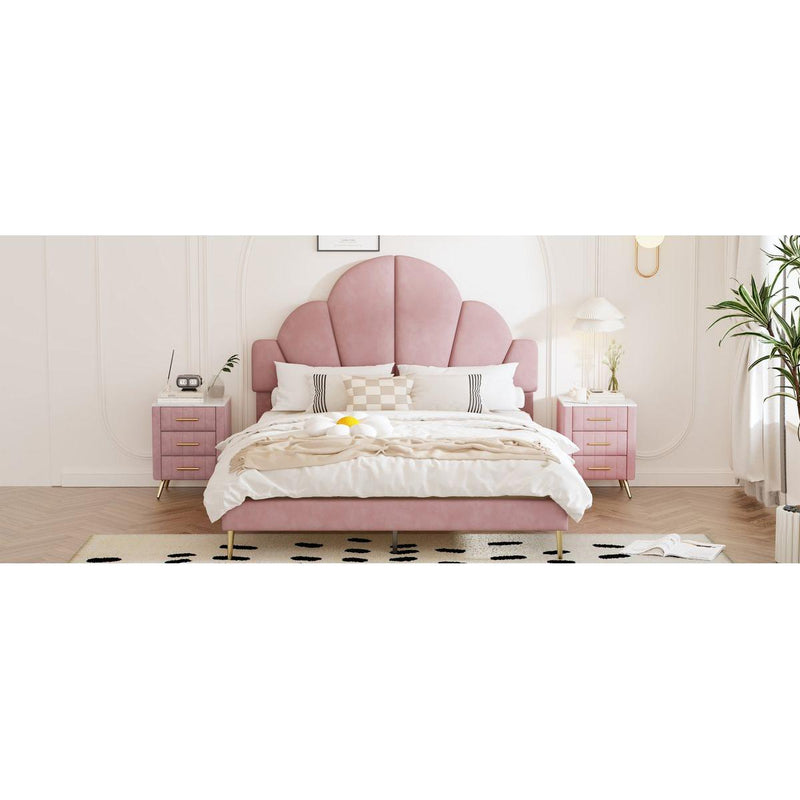 3 Pieces Bedroom Sets, Queen Size Modern Velvet Upholstered Bed Frame with  Petal Shape Headboard, 3 Drawers Nightstands, Pink