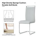 A simple dining table. A dining table with a white marble pattern. 4 PU synthetic leather high backrest cushioned side chairs with C-shaped silver metal legs. DT-SQ-16090-wh