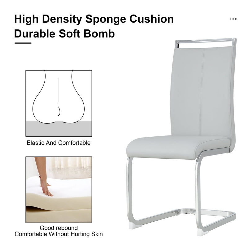 A simple dining table. A dining table with a white marble pattern. 4 PU synthetic leather high backrest cushioned side chairs with C-shaped silver metal legs. DT-SQ-16090-wh