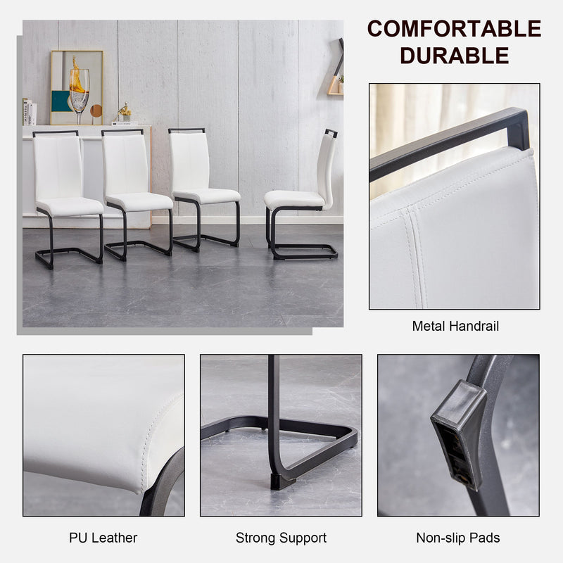 A table and four chairs. The table features a black imitation marble pattern tabletop and black gold MDF legs. The chair has a white PU backrest cushion and black metal legs. F-SQ