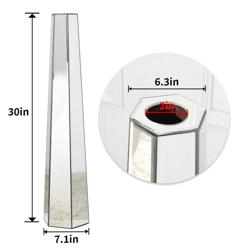 Handmade Silver Glass Floor Vase with Mirrors and MDF, 29.92 Inches Tall