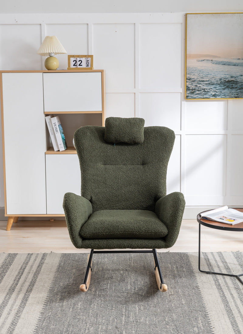 35.5 inch Rocking Chair, Soft Teddy Velvet Fabric Rocking Chair for Nursery, Comfy Wingback Glider Rocker with Safe Solid Wood Base for Living Room Bedroom Balcony (dark green)
