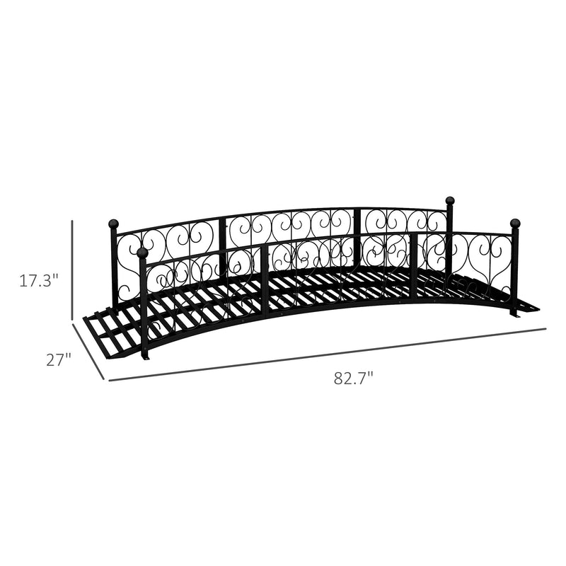 7' Metal Arch Garden Bridge with Safety Siderails, Decorative Arc Footbridge with Delicate Scrollwork "S" Motifs for Backyard Creek, Stream, Fish Pond, Black