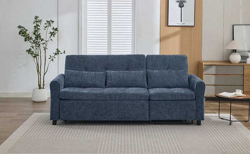 2-in-1 Sofa 82' Three-seater Sofa with Sofa Bed and Reversible Recliner, Blue Chenille