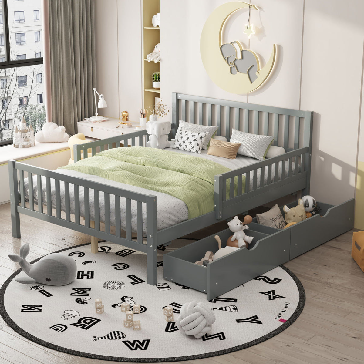 Platform Bed With Guardrails On Both Sides And 2 Storage Drawers, photo 3 of 40