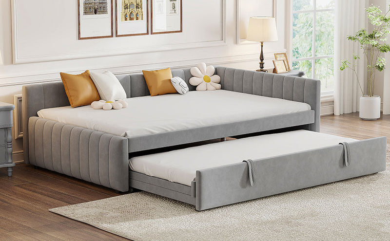 Full Size Upholstered L-Shaped Upholstered Daybed with Twin
Size Pop Up Trundle, Gray