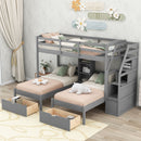 Twin Over Twin & Twin Bunk Bed With Drawers, Staircase Storage, Built In Shelves - Gray by HouseOfZazla