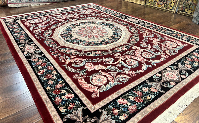 Chinese Aubusson Rug 9x12, Burgundy, Handmade Vintage Wool Carpet, Fine 210 KPSI, Elegant European Design