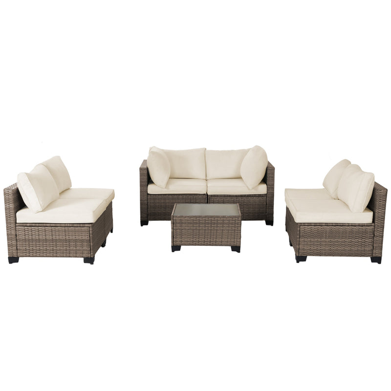 All-Weather 7-Piece Gray PE Wicker Patio Conversation Set with Beige Cushions and coffee table