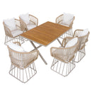 Outdoor 7-Piece Dining Set - Rectangular Teak Wood Table + 6 Wicker Chairs