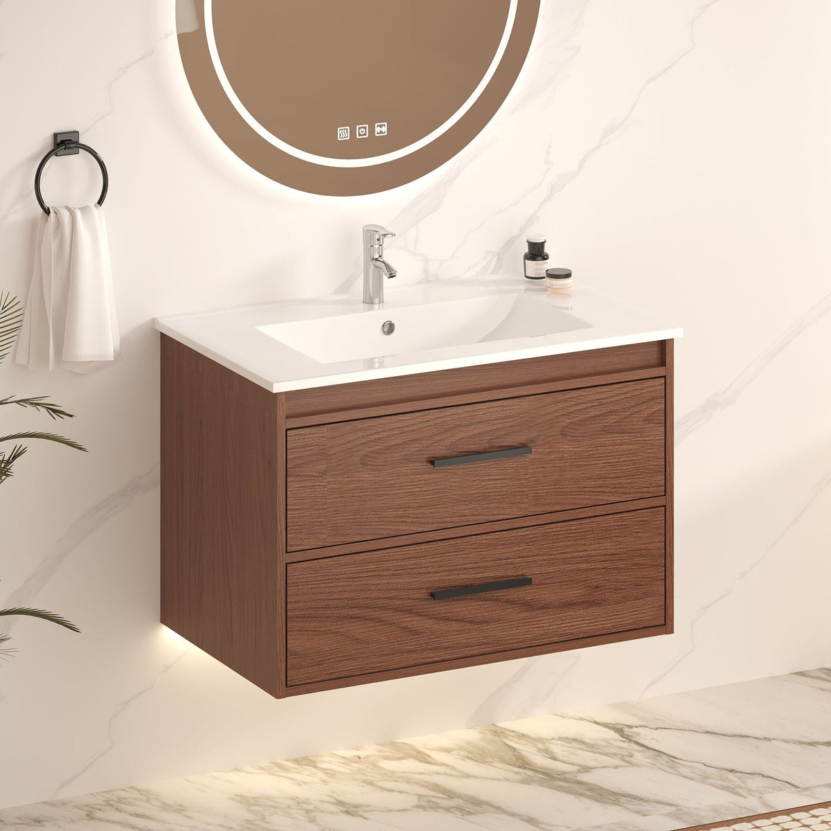Wall Mounting Bathroom Vanity With Soft Close 2 Drawer, Sink - Reddish Brown, photo 2 of 4