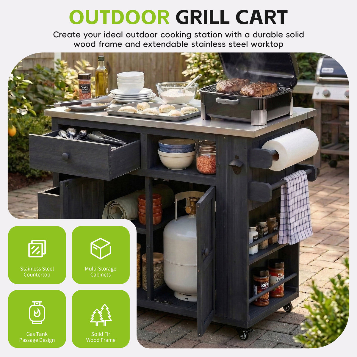 TOPMAX Outdoor Solid Wood Extendable Kitchen Island, photo 9 of 10