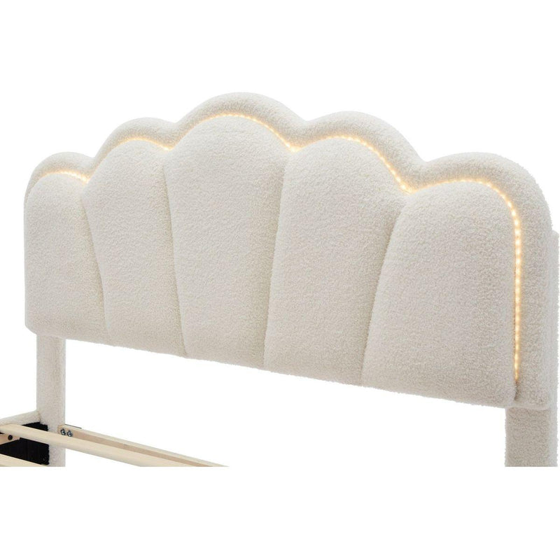 2-Pieces Bedroom Sets Full Size Flower-Shaped Upholstered LED Platform Bed with Storage Ottoman-Sherpa Fabric, White