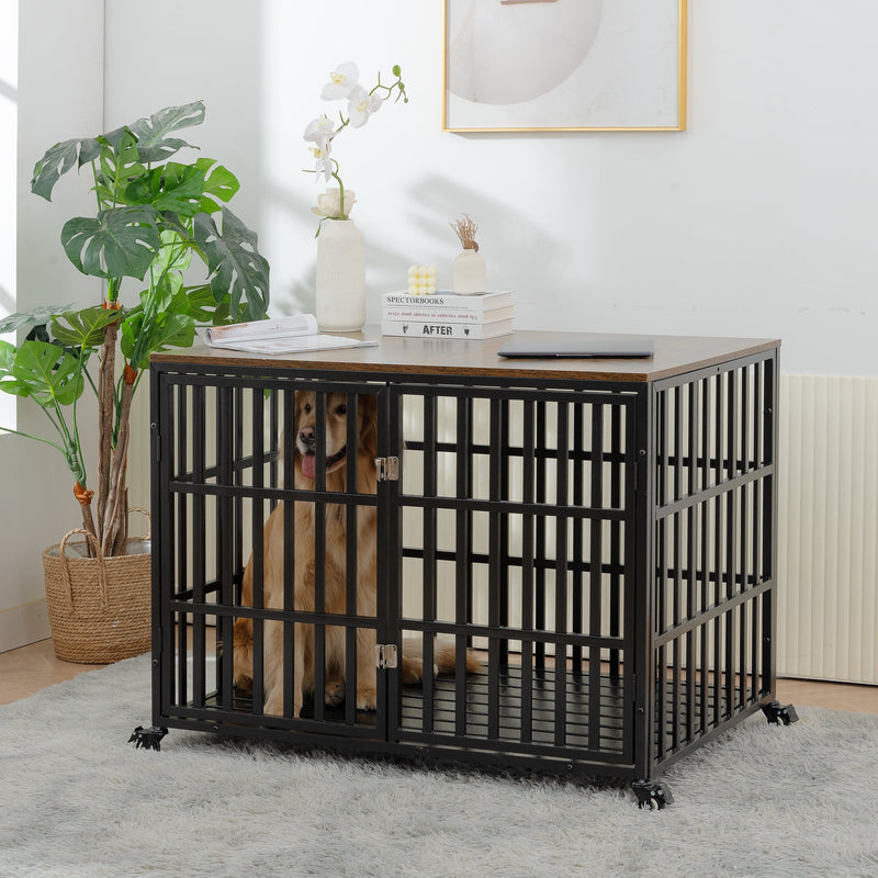 42" Heavy Duty Dog Crate for Large Medium Dogs, Furniture Style cage with 4 Lockable Wheels and 2 Locks, Decorative Pet House Wooden Cage Kennel Furniture Indoor