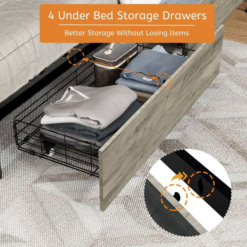 Queen Size Bed Frame with Headboard and 4 Storage Drawers, Queen Bed Frame with Charging Station and LED Lights, Wood Slats, Easy Assembly,No Box Spring Needed,Industrial Gray