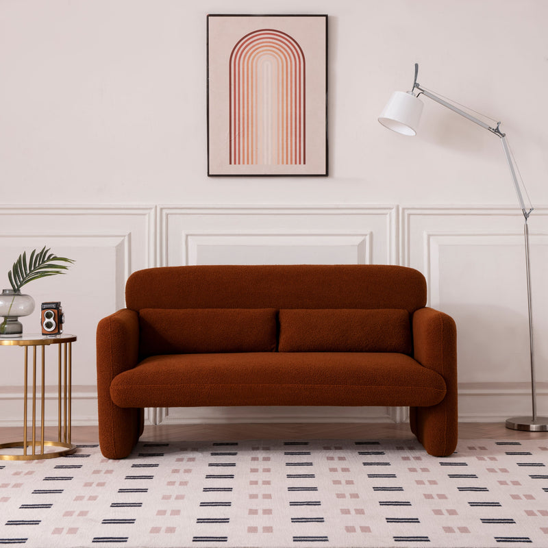 59" Lamb Fleece Fabric Sofa, Modern Loveseat Furniture with Support Pillow for Apartment, Office, Living Room & Bedroom, Tool-Free Assembly.(Dark Orange)