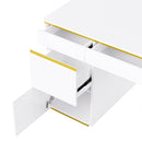60"Modern Executive Desk,White Curved Computer Desk with Gold Metal Legs,3-Drawers Home Office Desk,Writing Desk with 1 Storage Cabinet for Home Office,Living Room,Gold+White