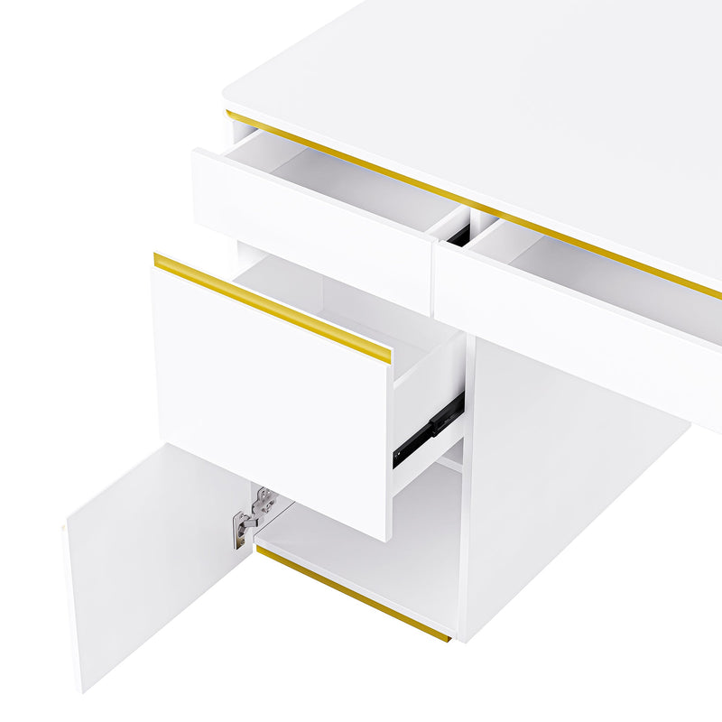 60"Modern Executive Desk,White Curved Computer Desk with Gold Metal Legs,3-Drawers Home Office Desk,Writing Desk with 1 Storage Cabinet for Home Office,Living Room,Gold+White