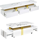 Modern Luxury TV Stand and Coffee Table Set of 2, High Gloss Faux Marble Top, TV Stand for TVs Up to 78", Rectangle Coffee Table with Caster Wheels for Living Room, White