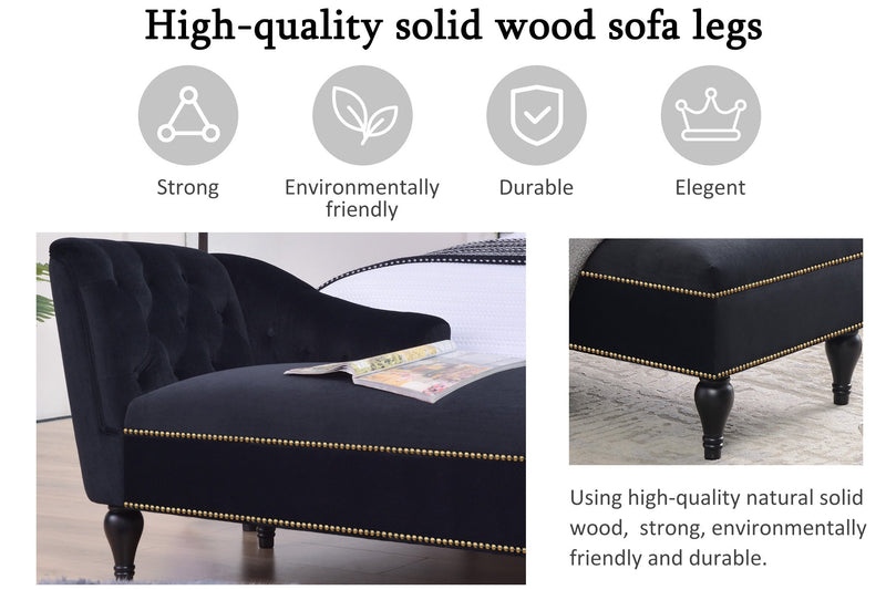 58" Velvet Chaise Lounge, Button Tufted Right Arm Facing Lounge Chair with Nailhead Trim & Solid Wood Legs for Living Room or Office, Sleeper Lounge Sofa (Black)