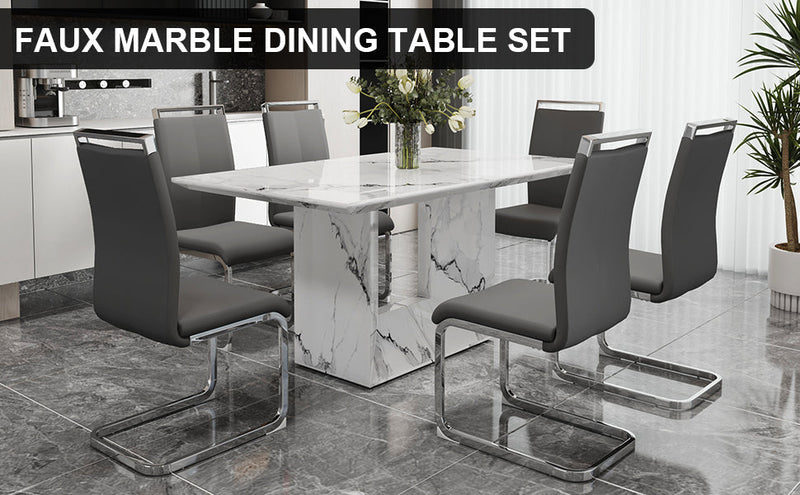 A simple dining table. A dining table with a white marble pattern. 4 PU synthetic leather high backrest cushioned side chairs with C-shaped silver metal legs. DT-SQ-16090-wh