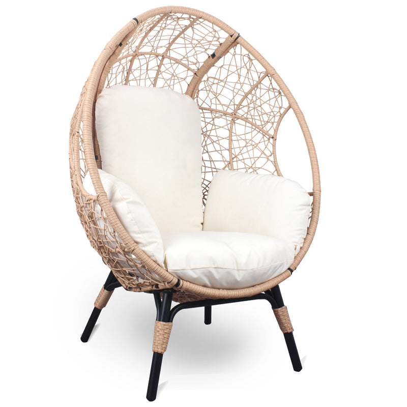 2 Pieces Patio PE Wicker Egg Chairs Model 3 with Natural Color Rattan Beige Cushion