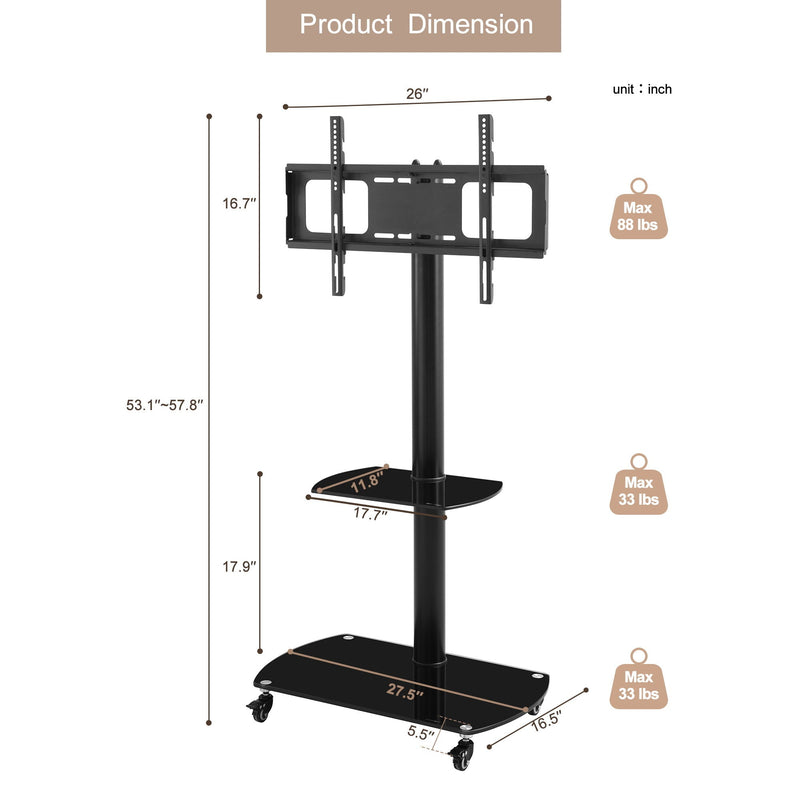 Height And Angle Adjustable Multi-Function Tempered Glass Metal Frame Floor With Lockable Wheels Mobile TV Stand, Lcd / Plasma TV Bracket 2 Tier Tempered Glass Shelves For Multiple Media Devices - Black, photo 3 of 4