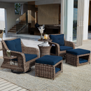 5 Pieces Outdoor Patio Furniture Set with Pet House Cool Bar and Retractable Side Tray, Rattan Wicker Patio Swivel Rocking Chairs Set of 2 with Ottomans for Backyard, Porch, Balcony, Navy Blue