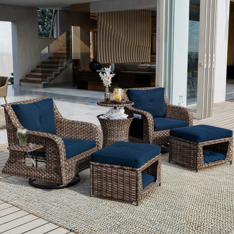 5 Pieces Outdoor Patio Furniture Set with Pet House Cool Bar and Retractable Side Tray, Rattan Wicker Patio Swivel Rocking Chairs Set of 2 with Ottomans for Backyard, Porch, Balcony, Navy Blue
