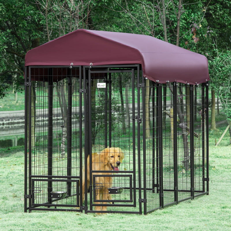 8' x 4' x 6' Outdoor Dog Kennel with Rotating Bowl Holders, Walk-in Pet Playpen, Welded Wire Steel with Water and UV-Resistant Canopy, Red