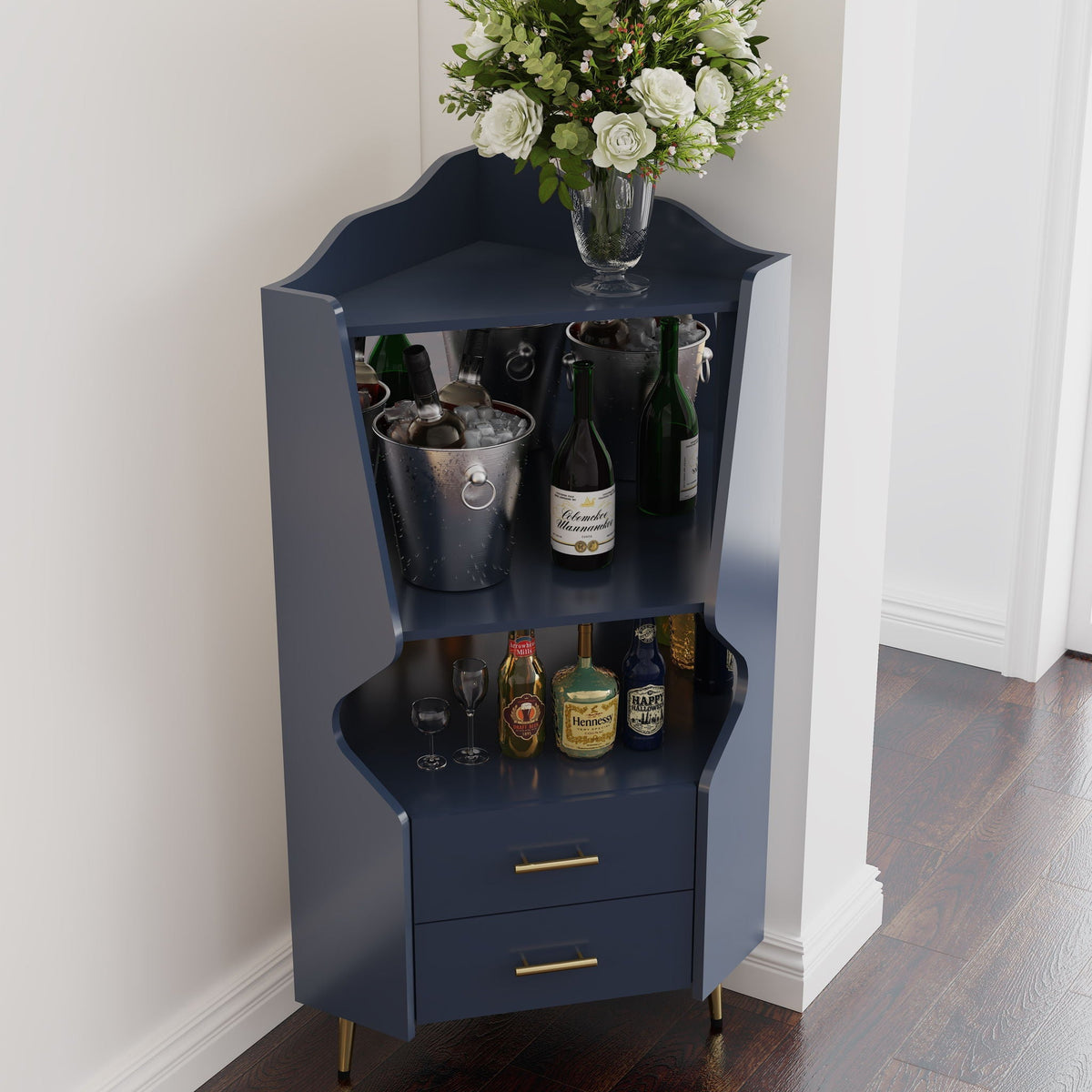 Corner Bar Cabinet With Mirrored Back, 2 Open Shelves & 2 Drawers, photo 9 of 12