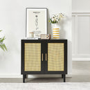 Side Panel Buffet Cabinet With Natural Rattan Door, Rattan Storage Cabinet With Adjustable Shelves, Side Panel And Buffet With Storage Space, Modern Console Cabinet In Bedroom And Living Room - Black / Beige by HouseOfZazla