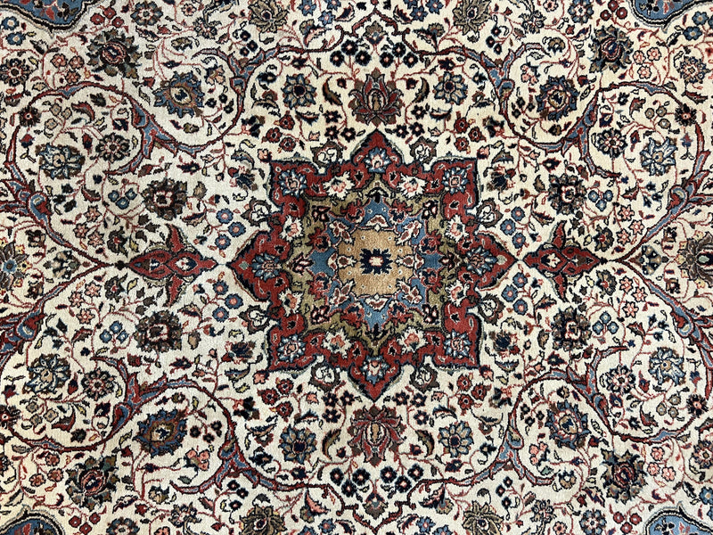 Persian Sarouk Rug 8x12, Wool Hand Knotted Antique Carpet, Floral Medallion, Cream Red, Traditional Oriental Rug