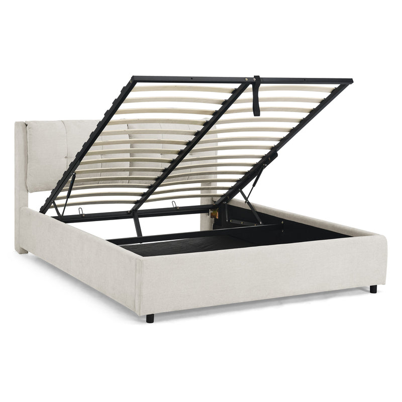 Queen Size Storage Upholstered Hydraulic Platform Bed with Integrated Headboard, Chenille Fabric, Beige