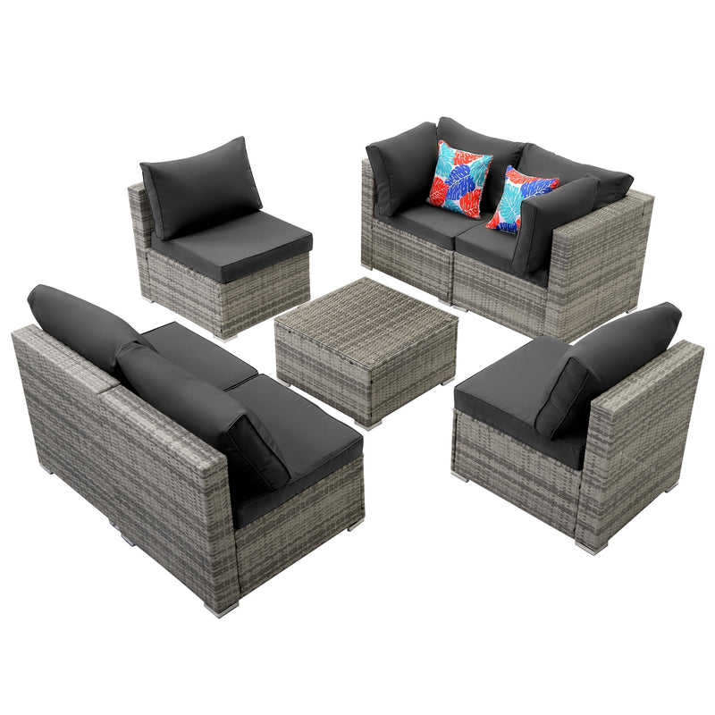 7 Piece Outdoor PE Wicker Furniture Set, Patio Black Rattan Sectional Sofa Couch with Washable Cushions