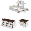 3 Pieces Wooden Captain Bedroom Set Full Bed with Trundle, Nightstand and Dresser, White + Walnut