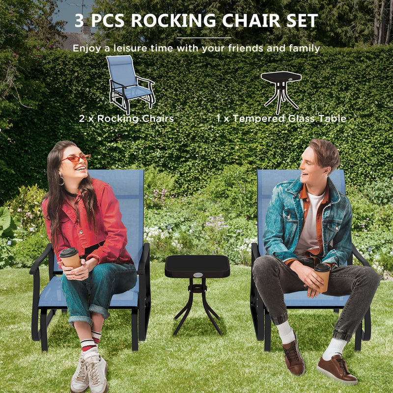 3-Piece Outdoor Gliders Set Bistro Set with Steel Frame, Tempered Glass Top Table for Patio, Garden, Backyard, Lawn, Light Blue