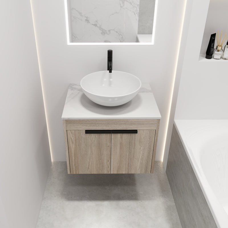 24" Modern Design Float Bathroom Vanity With Ceramic Basin Set, Wall Mounted White Oak Vanity With Soft Close Door, KD-PackingD-Packing Pieces