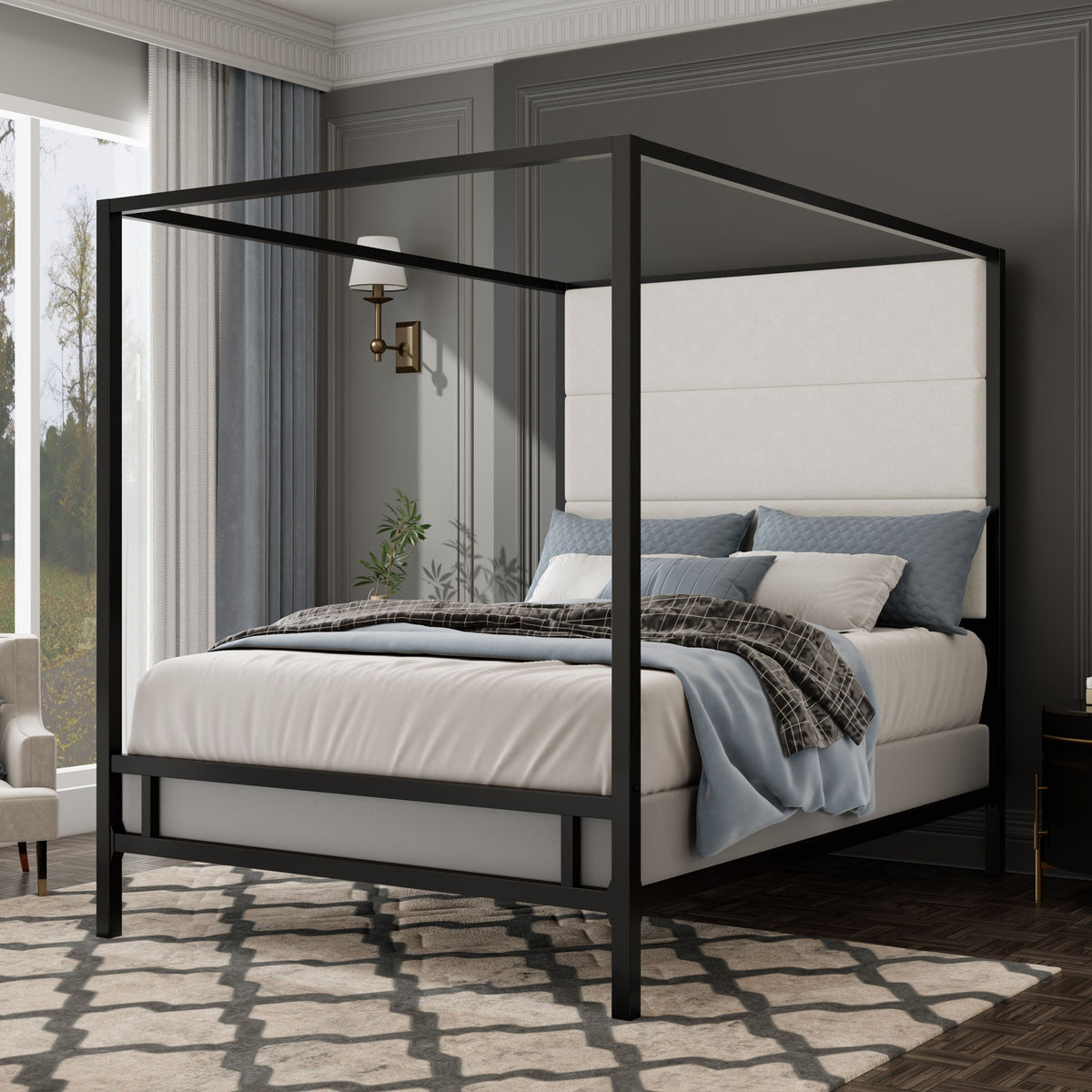 Canopy Bed With Tall Upholstered Headboard, 4 Poster Frame, photo 11 of 21