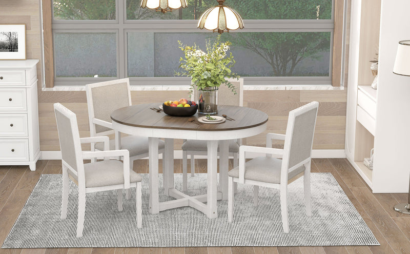 5-Piece Dining Table Set, Two-Size Round To Oval Extendable Butterfly Leaf Wood Dining Table and 4 Upholstered Dining Chairs with Armrests (Brown+White)