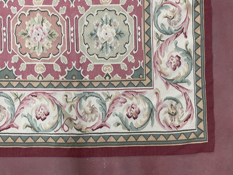 9x9 Square Rug Hand Knotted, Needlepoint Aubusson Carpet, Blush Red, Beige, Green, New, Mint Condition Area Rug, English European Design