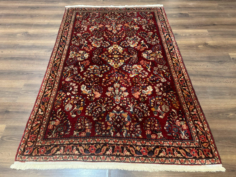 Antique Persian Sarouk Rug 4x6, Floral, Red, Wool Hand Knotted Fine 225 KPSI