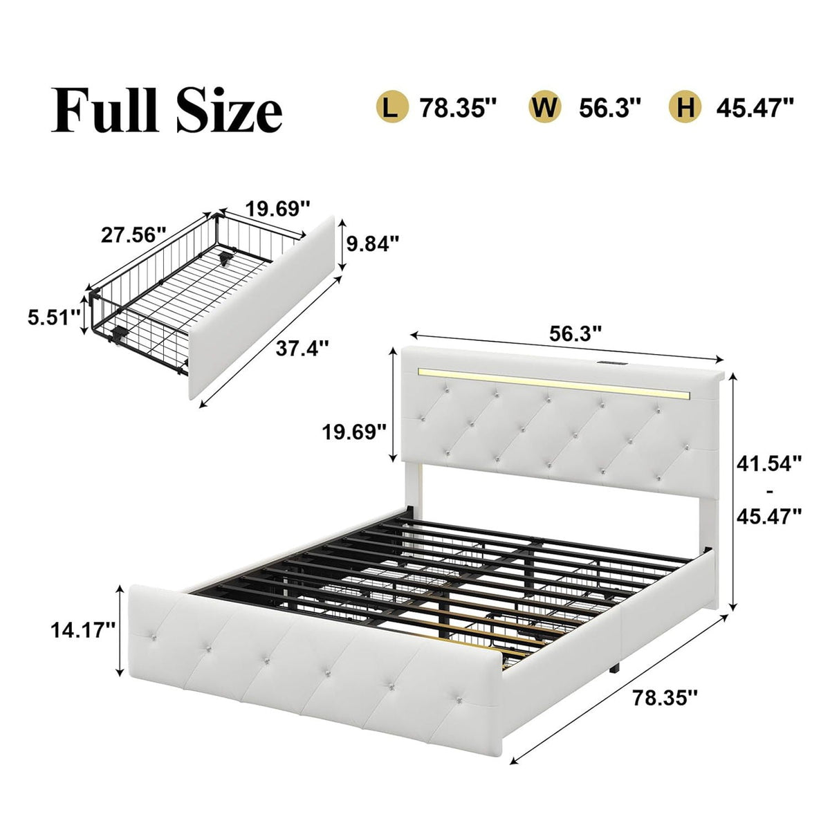 Upholstered Bed Frame With LED Lights, 4 Storage Drawers, Charging Station, photo 17 of 31
