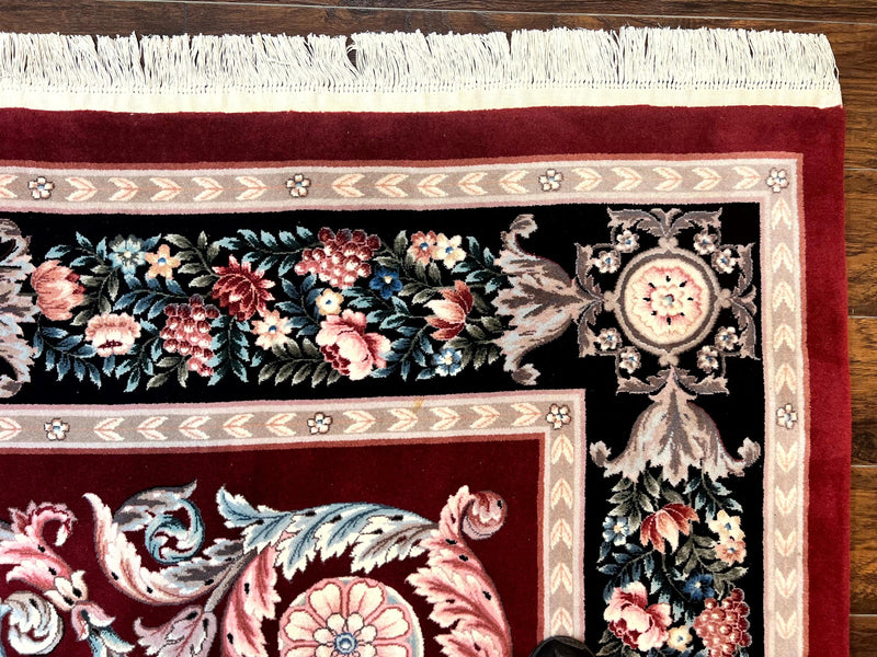 Chinese Aubusson Rug 9x12, Burgundy, Handmade Vintage Wool Carpet, Fine 210 KPSI, Elegant European Design