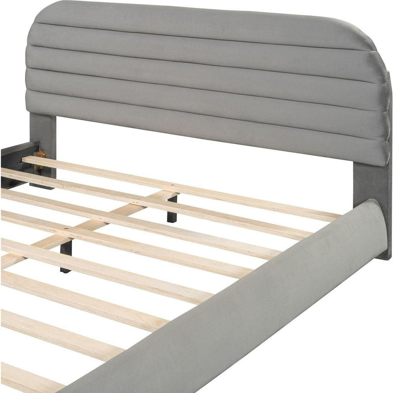 Queen Size Velvet Upholstered Platform Bed,Solid Frame and Stylish Curve-shaped Design, Gray